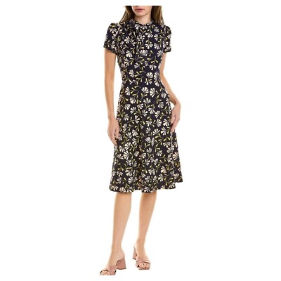 London Times 14W Blue Yellow Floral Tie Neck Dress Short Sleeve A-Line Midi  | eBay