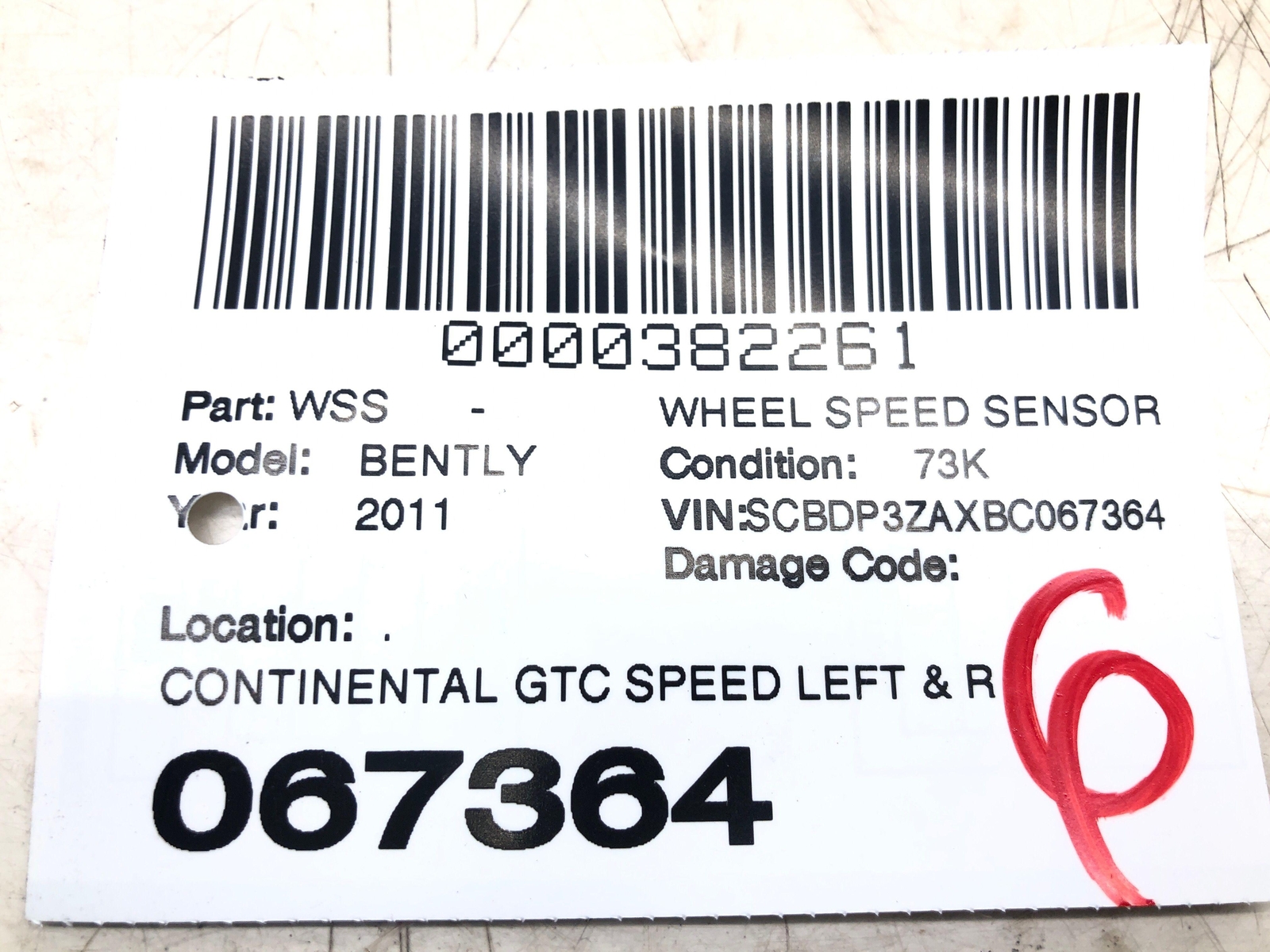 2011 BENTLEY CONTINENTAL LEFT RIGHT REAR ABS WHEEL SPEED SENSOR 4E0927803D