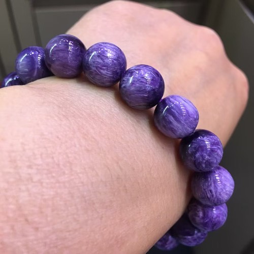 Pulsera de cuentas gemas de cristal charoita púrpura natural de 11,8 mm AAA de alta calidad - Imagen 6 de 9