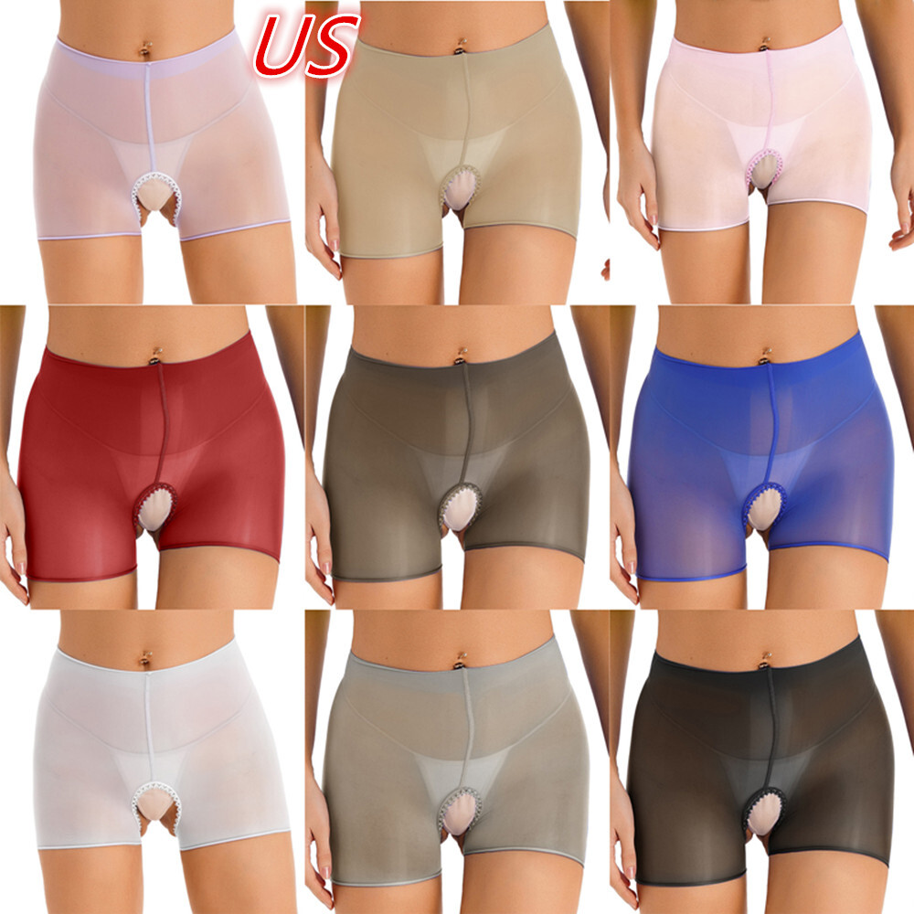 Sheer See-Through Crotchless Glossy Boxer Briefs for Women