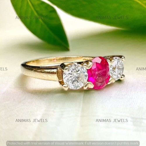 2 CT Round Cut Lab-Created Ruby Three Stone Wedding Ring 14K Yellow Gold Plated - Picture 2 of 7