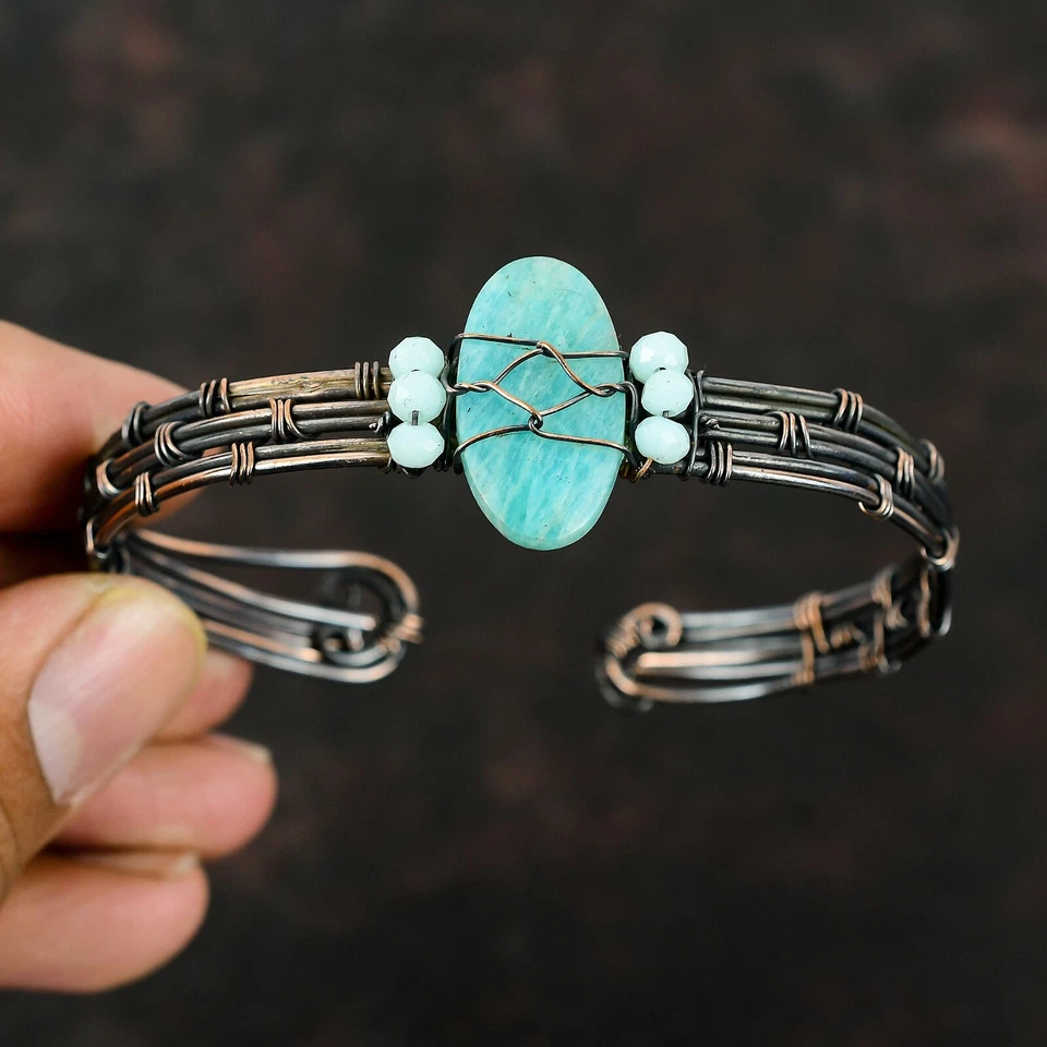 Brazalete ajustable envuelto en alambre de amazonita hecho a mano cobre ropa de fiesta joyería Foto 2 de 4