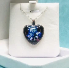 Beautiful Blue Rose Print Heart Pendant Necklace