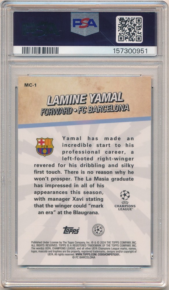 LAMINE YAMAL 2023/24 TOPPS MERLIN UCC #MC1 RC ROOKIE CHOSEN ONE SP PSA 9 MINT view 2