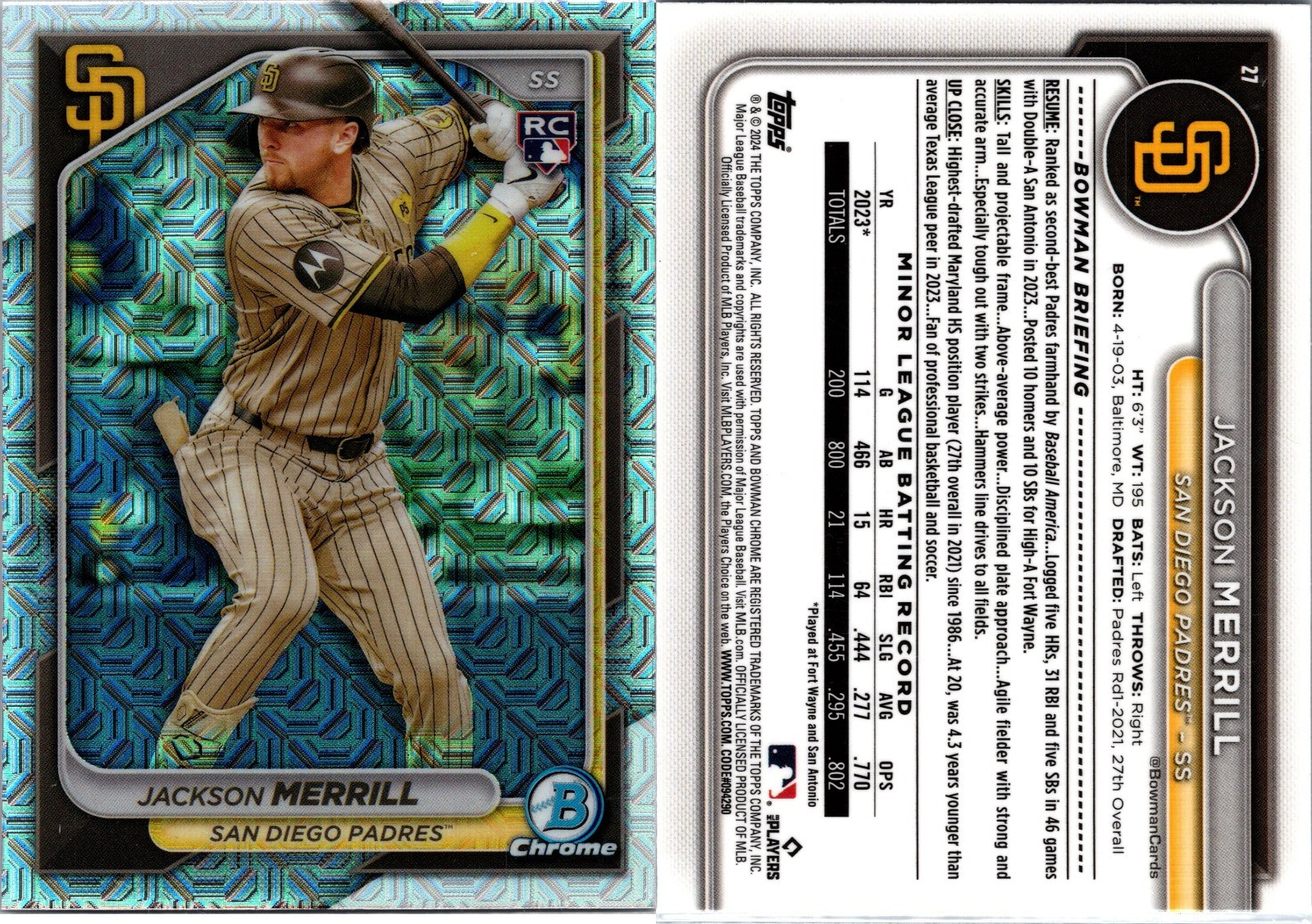 2024 Bowman Chrome - Jackson Merrill #27 Mojo Refractor (RC) 5582