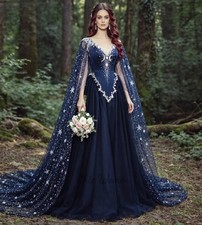 Celestial Whimsigoth Navy Blue Wedding Dresses with Silver Star Moon Appliques