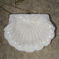 Vintage La Regale White Beaded Purse Gold Chain Shoulder Strap Scallop Wedding