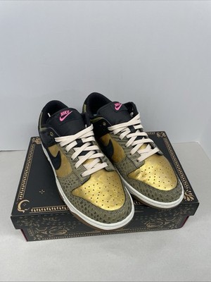 Nike Dunk Low PRM Día De Muertos Black Khaki Gold Sneakers FQ8148-010 Size 10.5