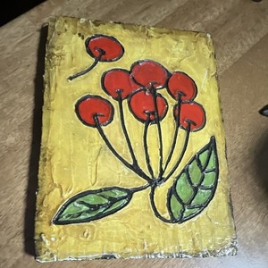 Vintage Mid-Century Hand-Carved Painted Wooden Cherry Folk Art Plaque Signed 8”