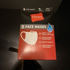 Hanes 100 Cotton Fabric Face Mask Reusable White 5 PACK 