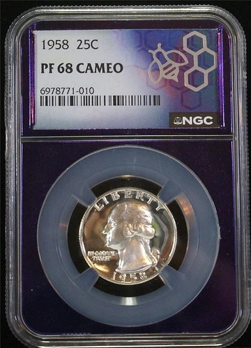 1958 25c High Grade Proof Washington Quarter NGC PF 68 Cameo Trader Bea Slab