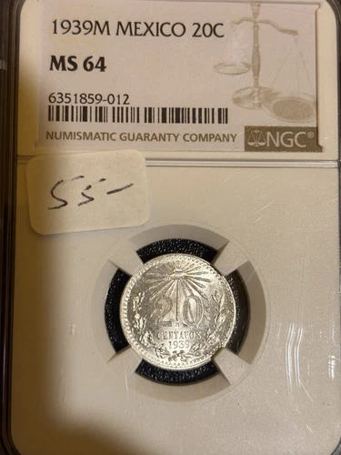 1939 M Mexico 20 Centavos Silver Ngc Ms 64 Pretty Gem