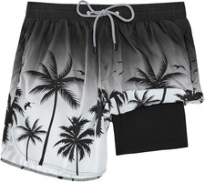 Mens Swim Trunks with Compression Liner 5" Stretch Board Shorts Quick Dry Zipper