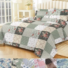 Lightweight Patchwork Quilt Set Reversible Floral Bedspread Coverlet All Seasons