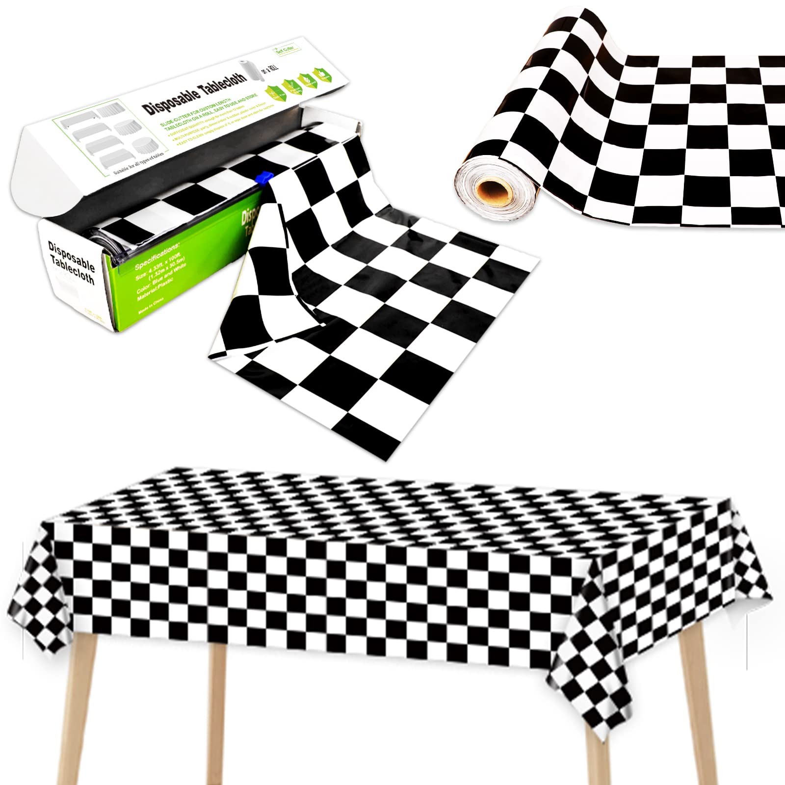 Black and White Checkered Tablecloth Roll 52" x 100' for Parties and Events