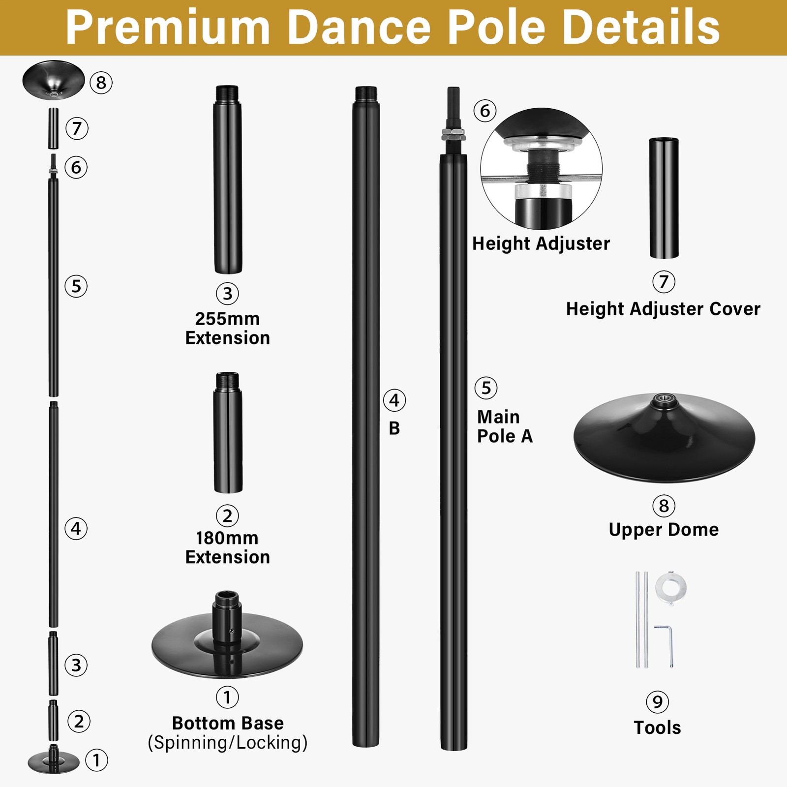 Pro Adjustable Dancing Pole 45mm Solid Removable Static Spinning Stripper Pole