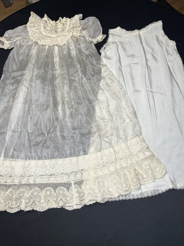 Antique Edwardian Christening Baby Gown Lace Yoke Silk Overdress Slip