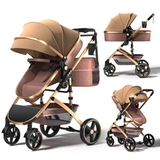 "2-in-1 Baby Stroller Reversible Bassinet Pram Foldable Lightweight"