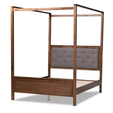 Baxton Studio Natasha Queen Size Grey Upholstered Walnut Finished Canopy Bed