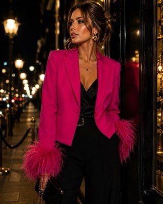 Zara Rosa Feder Bündchen Blazer Jacke Gr. S Fuchsia Statement Party Glamourös ��