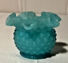 Vintage Fenton Small/Mini Hobnail Peking Blue Glass Rose Bowl Ruffle Top Vase
