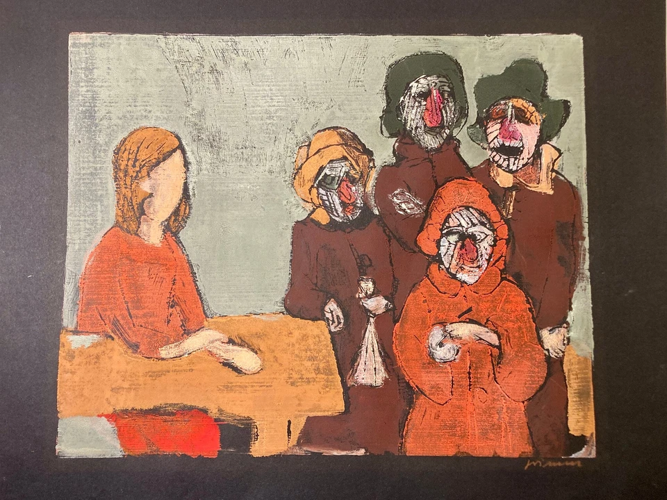  Willem Grimm, Hamburger Sezession, Farbholzschnitt: "Um den Tisch" signiert