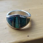 Vintage NAVAJO Sheila TSO Sterling  Silver & Inlay of Blue Green Fire Opal Ring