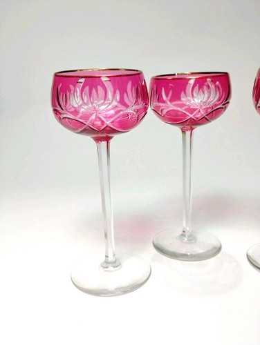 Vintage Red Cranberry Crystal Wine Glasses Cut To Clear w/ Gold Rim 7" Set of 4 - Picture 3 of 11