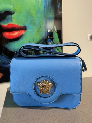 Versace La Medusa Logo Plaque Blue Pebbled Leather Crossbody Bag New $1625 HOT