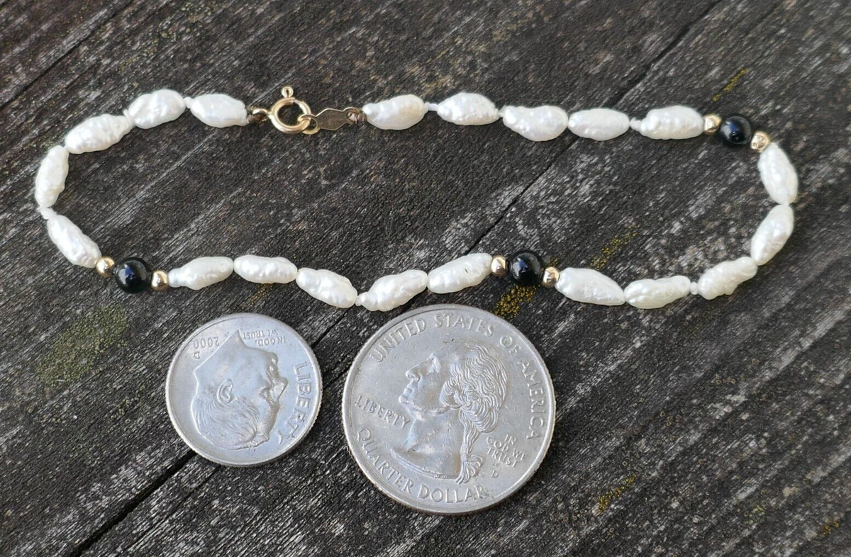 ブレスレット VINTAGE HOLLYWOOD Baroque Pearl Matte Bracelet BMR687 Vintage Baroque Pearl & Black Onyx Beaded Bracelet w/ 14k