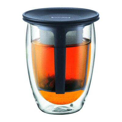 Bodum 12-Ounce Tea for One, Double Wall Glass with Strainer, Black