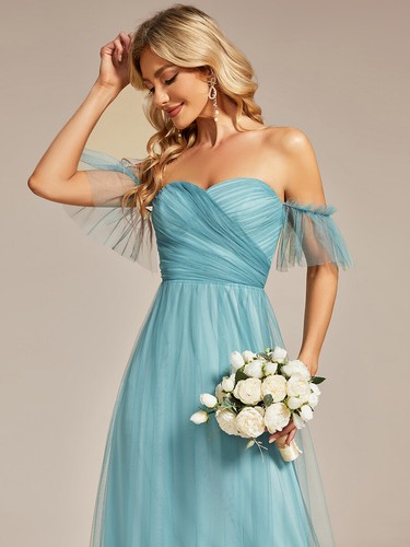 Vestido de noche plisado de doble capa fuera del hombro para mujer - Imagen 18 de 37
