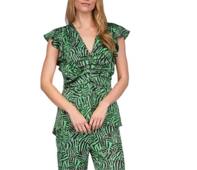 Michael Michael Kors Women's Zippered Ruffled Flutter Sleeve Blouse Spring Green