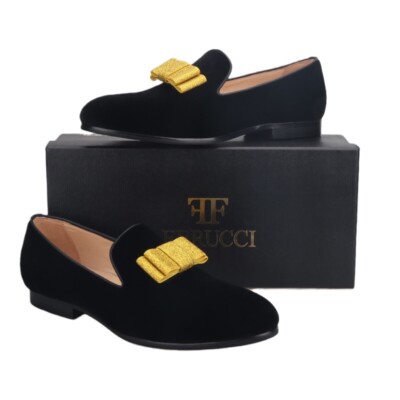 Men FERUCCI Black Velvet Slippers Loafers Flat With Gold Bow