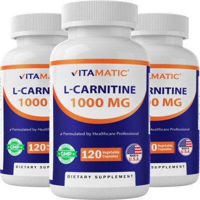 3 Pack- Vitamatic L-Carnitine Fumarate 1000 mg - 120 Vegetable Capsules