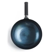 30CM Zhangqiu Handmade Iron Uncoate Non-stick Fish-Scales Wok With Wooden Lid 