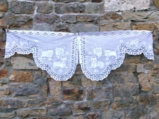 French pair white curtains valance lace motif cat  flower  20'' x 31'' each