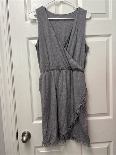 Carve Designs Kendall Dress Gray Crochet Detail Faux Wrap Dress Pockets M EUC