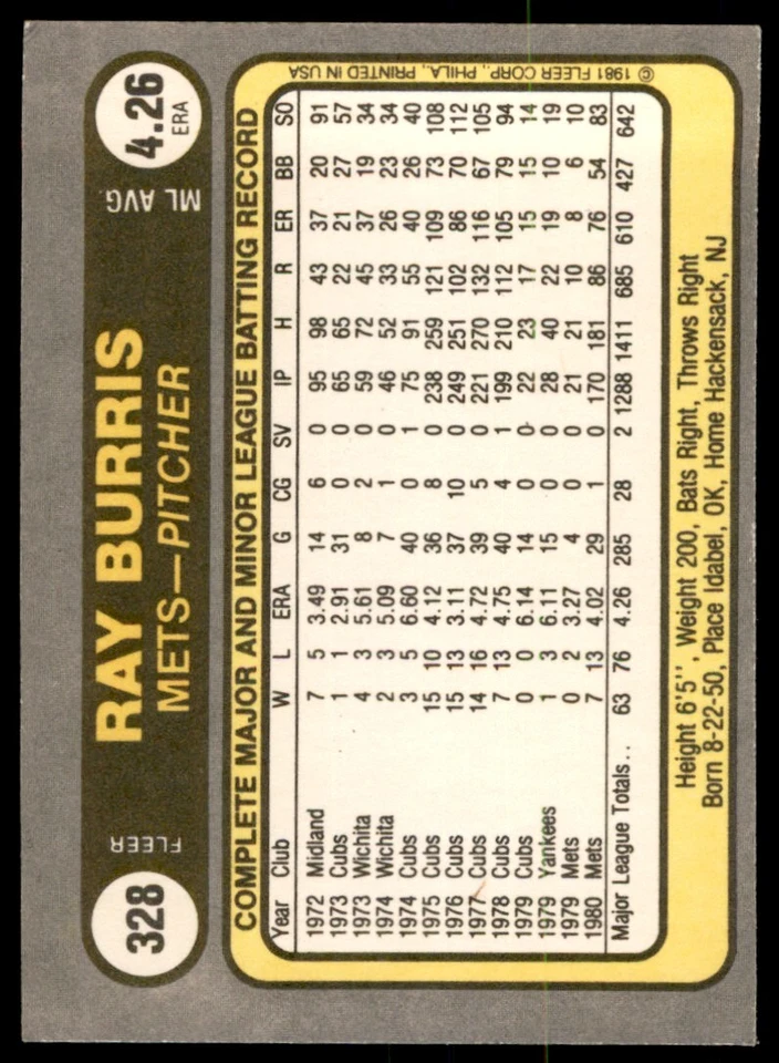 1981 FLEER RAY BURRIS . NEW YORK METS #328 - Image 2 of 2