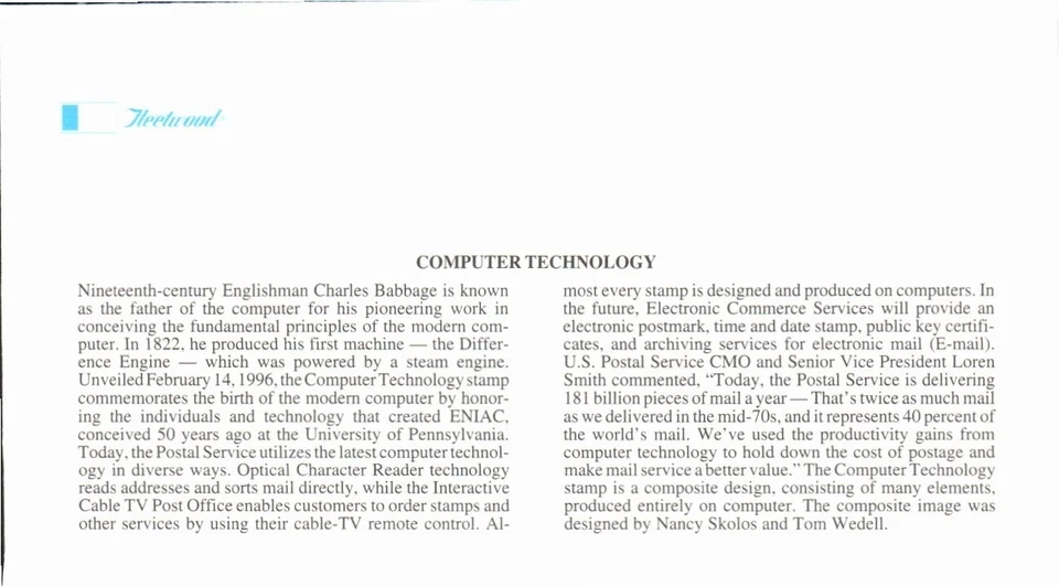 FLEETWOOD - COMPUTER TECHNOLOGY OCT 8 1996 PROVING GROUNDS FIRST DAY COVER BX8 - Image 2 of 2