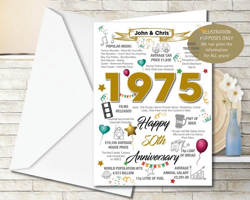 1975 50th Personalised GOLDEN GOLD WEDDING Anniversary Facts Greeting Card 197 - Picture 2 of 4