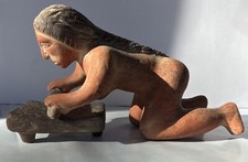 Mayan Woman Grinding Corn Terracotta Mexican Folk Art figure 2 pieces 10" x 6"