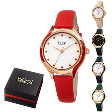 Women s Burgi BUR248 Quartz Watch Swarovski Crystal Swirl Bezel Genuine Leather