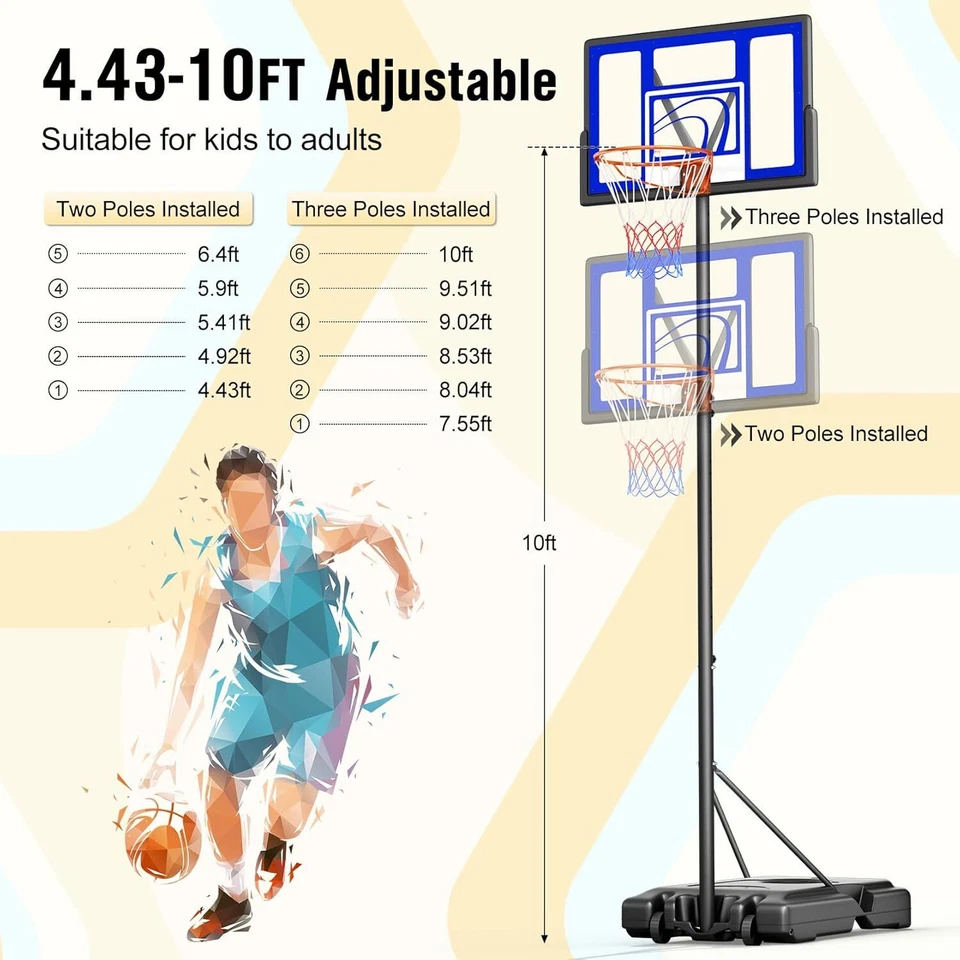 Portable Basketball Hoop with Wheel Basketball Goals 4.4-10 FT Height Adjustable - Image 2 of 4