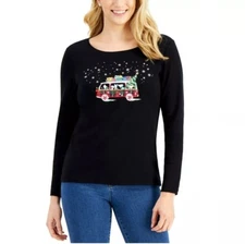 Karen Scott Womens Medium Deep Black Christmas Bus Long Sleeve Top NWT CC20