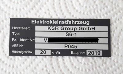 E Scooter, Elektrokleinstfahrzeuge Typenschild, e-Roller, Leichtmofa, mit Daten