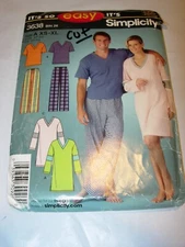 ADULT CUT SIMPLICITY 3638 SEWING PATTERN PAJAMAS PANTS TOP NIGHTGOWN SIZE XS-XL