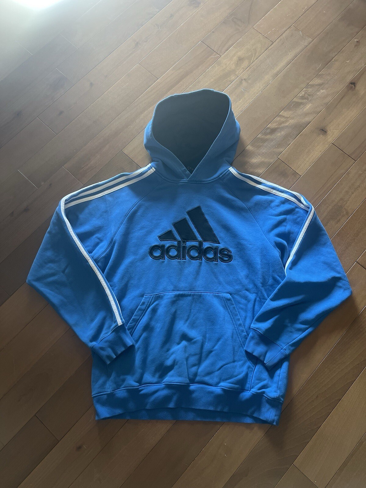 Men's Y2K Adidas Center Logo Hoodie Striped Sleeves Sports Size M
