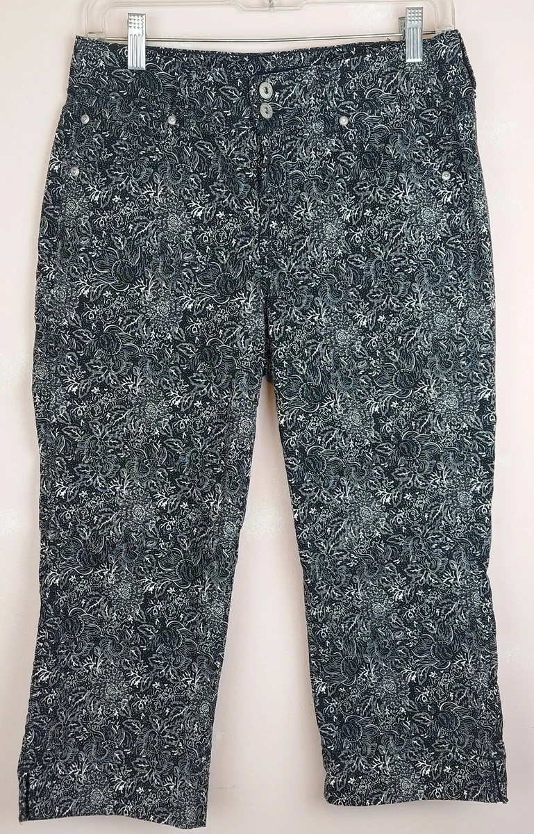 Bandolino Blu Cropped Capris Women s Size 6 Black White Floral Print Stretch