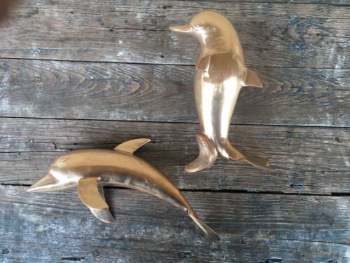 2er SET VINTAGE GROSSE MASSIVE GOLDENE MESSING DELFINE/SCHWEINSWALE SKULPTUREN - Bild 3 von 13